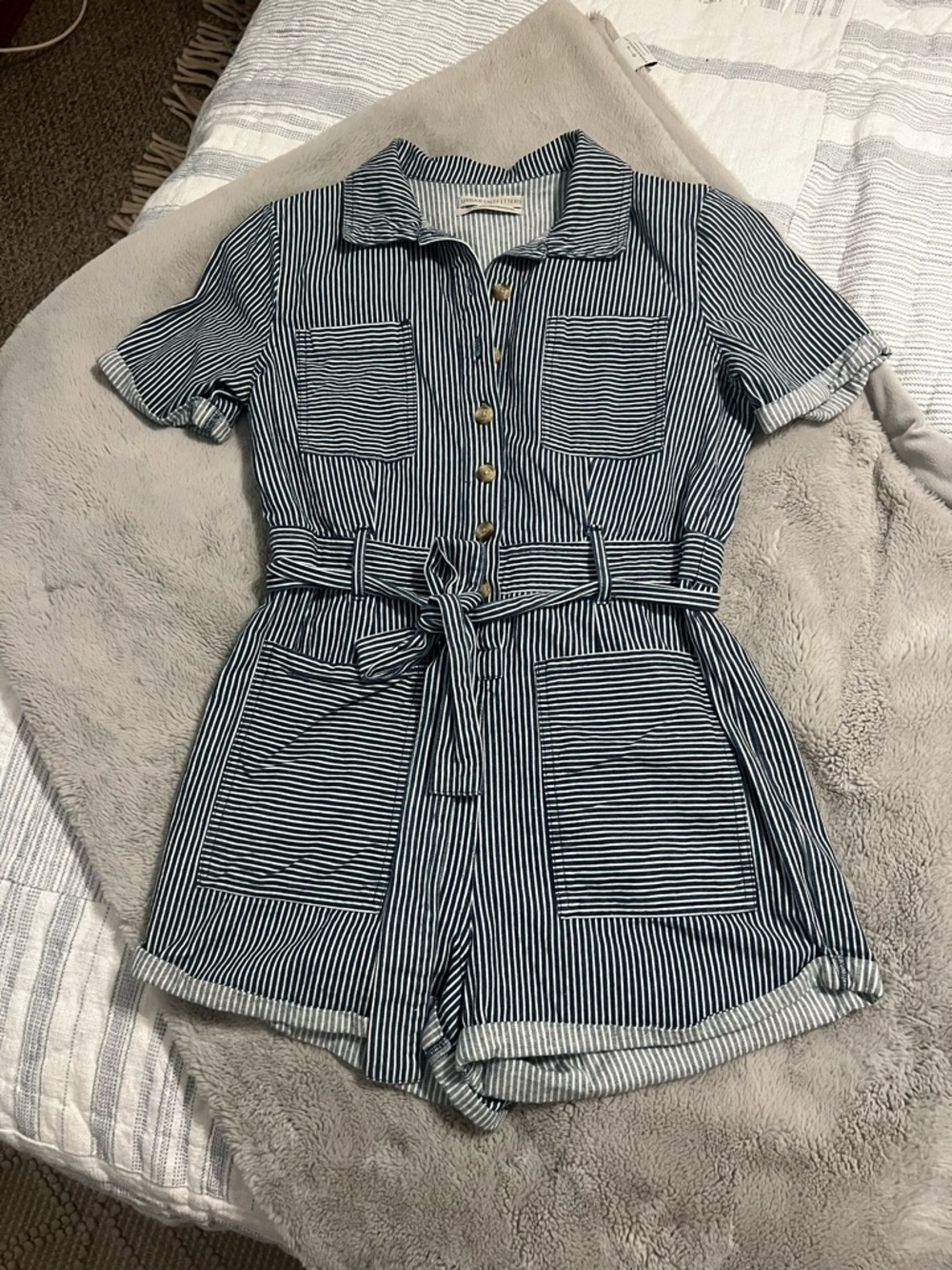 Urban Outfitters Navy and White Striped Short-Sleeve Romper with Tie Belt